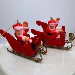 Vintage Christmas Santa Claus Sleigh Ornaments Set of 2 Red Felt Gold Meta